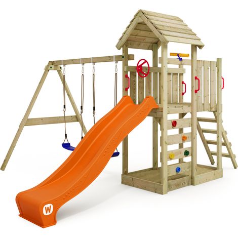Wickey Wooden climbing frame MultiFlyer with wooden roof, swing set and slide, Garden playhouse with sandpit, climbing ladder & play-accessories - orange