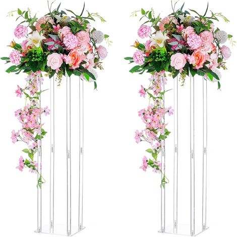 Centres Table Mariage Vase: 2 Pièces 80cm Haut Fleurs Acryliques Vase Sol Colonne Arrangement Fleurs Support Présentoir Rectangulaire Géométrique pour la Décoration Fête Mariage (1/5)