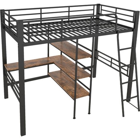 Cama alta infantil 90 x 200 cm de metal negro con escritorio, estantes, escalera y barandilla (1/5)