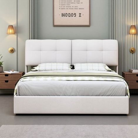 Doppelbett 160x200 cm - Beiges Leinen - LED-Lampe - USB-Ladeanschluss - Skandinavisches Design