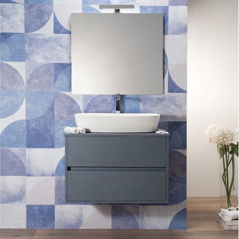 Mobile Bagno Sospeso 80 cm Blu Oceano Effetto Tessuto 2 Cassetti Top per Lavabo da Appoggio (1/5)