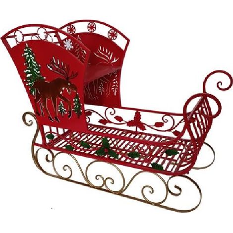 Grande Slitta di Babbo Natale rossa in Metallo cm 120 con Agrifogli Renne alberi porta regali doni ai bambini allestimenti decorazioni natalizi