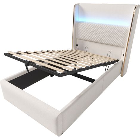 Modernes hydraulisches Stauraumbett 90x200 cm Beige mit hohem LED-Kopfteil und Matratze (1/5)