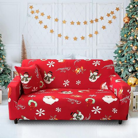 Housse de canapé de Noël en polyester doux, imprimé Père Noël, avec ourlet élastique (2 places, rouge) (1/5)