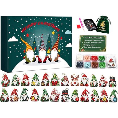 Adventskalender 2026 – 24-teilig – rot, grün, weiß – Acryl – 24 Tage mit diamantbemalten Wichtel-Anhängern – Christbaumschmuck – geeignet für Weihnachten und als Dekoration für den Wohnbereich (1/5)