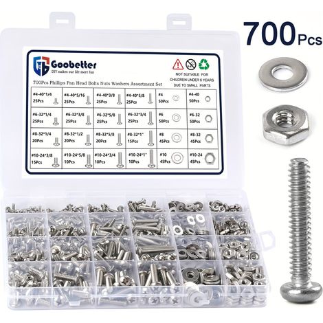 Kit de 700 pièces vis et écrous assortis 4-40 6-32 8-32 10-24 tête bombée Phillips, inox 304, avec rondelles plates et boîte de rangement (1/5)