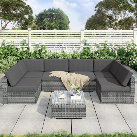 Set of 7 weather-resistant rattan outdoor furniture pieces with coffee table and washable cushions (1/5)