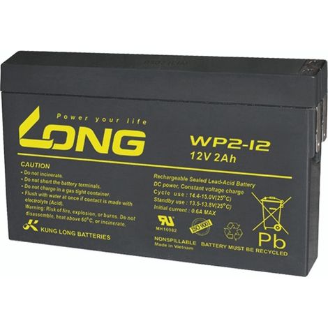Long WP2-12 WP2-12 Batterie au plomb 12 V 2 Ah plomb (AGM) (l x H x P) 150 x 90 x 20 mm cosses plates 4,8 mm auto-décharge réduite, sans entretien C634562