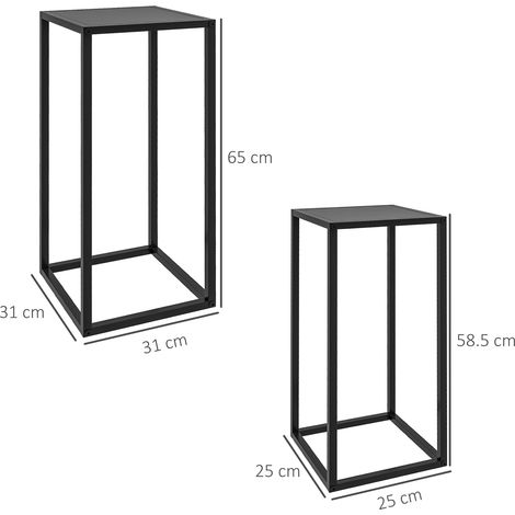 Ensemble de 2 tables pour plantes en acier pour une utilisation intérieure et extérieure, dimensions : 25x25x58,5cm et 31x31x65cm, noir. (1/5)