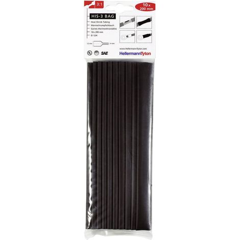 Lot de 10 gaines thermo rétractables noires his-3-bag-12/4 200mm - HellermannTyton (1/3)