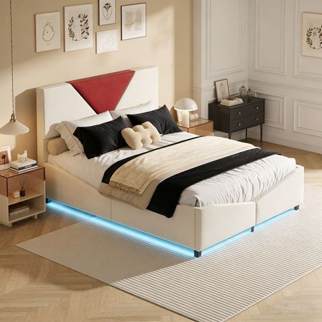 Letto contenitore 140x190 cm - POCKETPOP - Velluto bianco sporco - Illuminazione LED - Ritiro idraulico - 2 posti