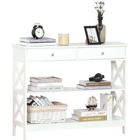 Table de console table d'entrée style table de drapier néo-rétro 2 tiroirs 2 étagères dim. 100L x 30.5l x 80H cm en bois Blanc (1/5)