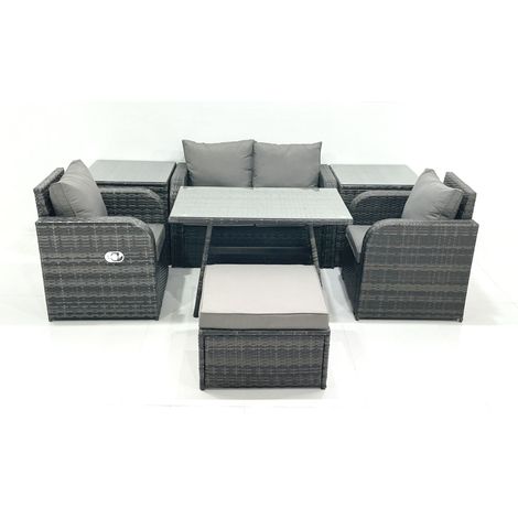 Fimous Gartenmöbel-Set Rattan Sofa Esstisch Set mit Liegestühle 2 Beistelltischen 2 Großer Hockern Dunkelgrau Gemischt (1/5)
