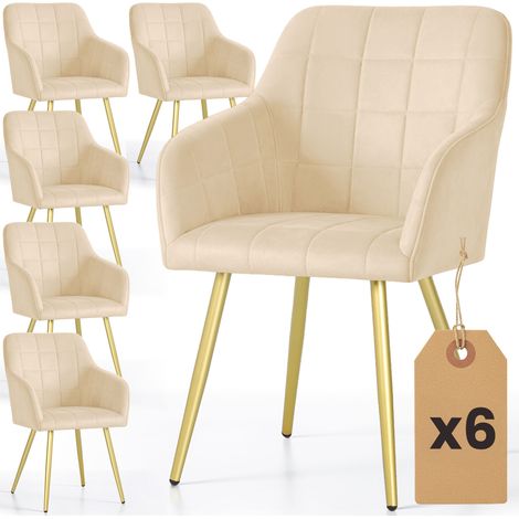 6er Set Polsterstühle mit quadratischen Ziernähten LUXANO Beige mit goldenen Beinen (1/5)