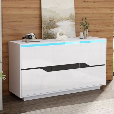 MEUBLIV Buffet de rangement 140x40x70 cm blanc et noir – 3 portes, LED intégrée (1/5)