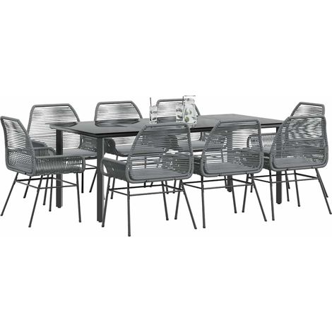 Ensemble à manger jardin coussins 9 pcs-Salon de jardin gris poly rotin verre 777491 (1/5)