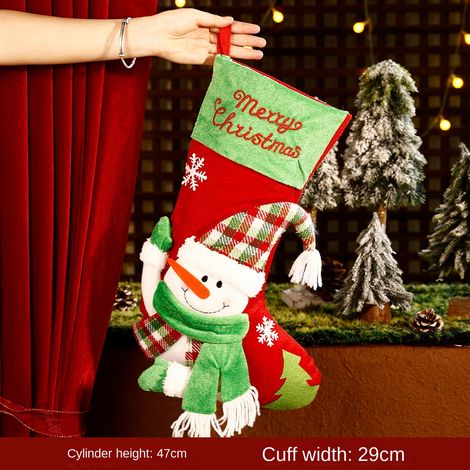Grande chaussette de Noël bonhomme de neige au chapeau vert écossais, sac cadeau décoratif à suspendre, décoration festive pour sapin et maison (1/5)