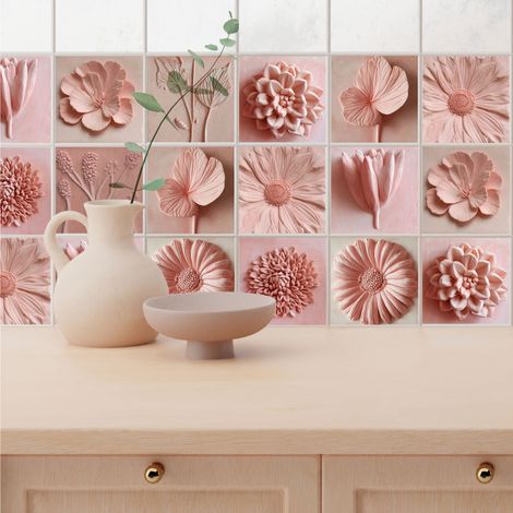 Sticker adhésif homestaging, fleurs 3d, rose, 10 cm X 10 cm (1/4)