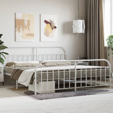 Lit adulte avec tête de lit/pied de lit, Lit double Cadre de lit métal blanc 200x200cm MEMV910635 (1/5)