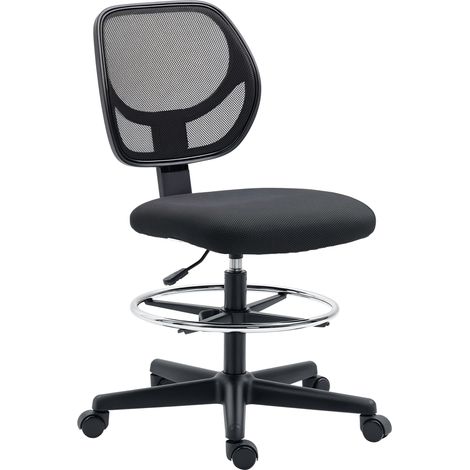 Chaise de bureau haute en tissu mesh, réglable en hauteur de 50 à 70 cm, avec repose-pieds pivotant à 360°, noire