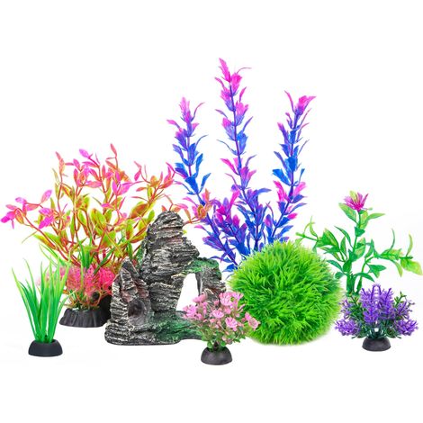 Ensemble de décoration de grotte de roche et de plantes plastiques artificielles pour aquarium, cachette de verdure aquatique factice multicolore pour poissons betta et crevettes, décoration de paysag (1/5)
