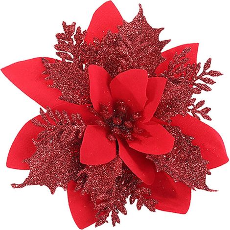 Uanit Künstliche Weihnachtssternblume mit Glitzer, mit Clip, geeignet für Weihnachtsbäume, Hochzeitsfeiern, Kranzdekorationen, Gold.