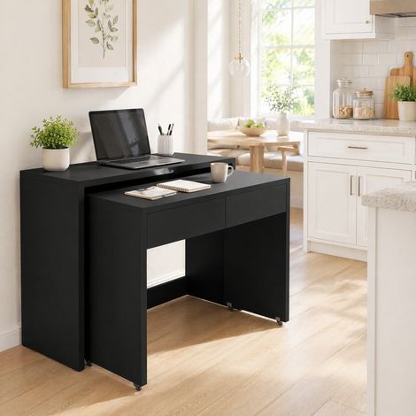 Escritorio extensible 110x40x78 cm en paneles de madera negros, ahorro de espacio, FloraGrace (1/5)