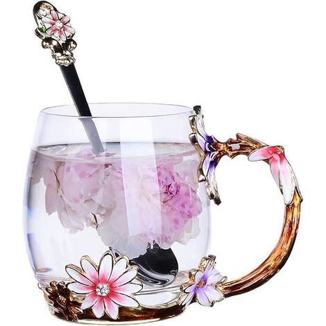 Tasse à thé en Verre émaillé de Papillons Fleurs avec Cuillère en acier, Marguerites (1/5)
