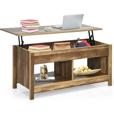 Table basse relevable effet chêne en bois d ingénierie avec compartiment caché et étagère inférieure pour salon et bureau (1/5)