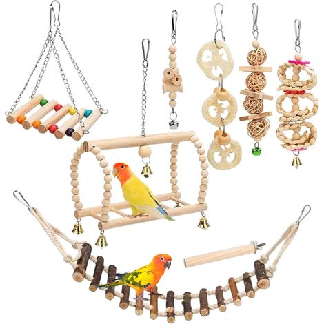 Ensemble de jouets pour oiseaux, 8 pièces en bois naturel, balançoire à mâcher pour perroquet (1/5)