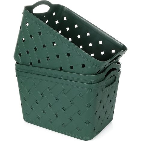 Lot de 3 paniers de rangement en plastique tissé avec poignées, grand 35 x 30 x 21 cm, motif peau croisée, pour cuisine, salon, bureau, salle de bain, chambre à coucher (vert) (1/5)