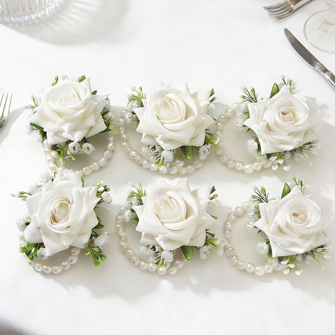 Lot de 6 bracelets de fleurs en tissu de rose élégants, adaptés pour mariages et fiançailles - Fournitures florales de roses artificielles, idéaux pour la mariée, le marié, la douche de mariée, le bal (1/4)