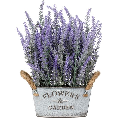 Lavande Artificielle floquée dans Un Pot, Fausses Fleurs de Lavande dans Un Pot galvanisé, Fausses Plantes d'extérieur et d'intérieur pour la décoration de la Maison et de la Salle de Bain (1/5)