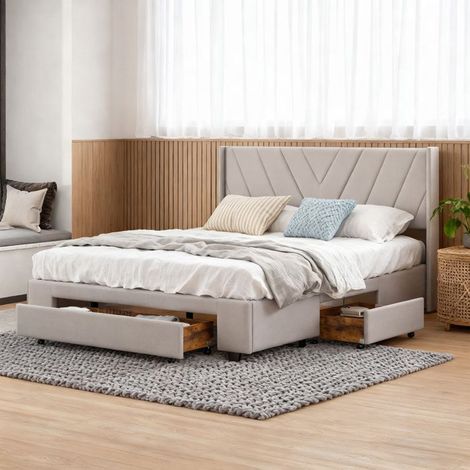 Lit 140x190 cm, motif de ligne, style minimaliste moderne, lit adulte, cadre de lit double 140x190 cm, Lin, beige (1/5)