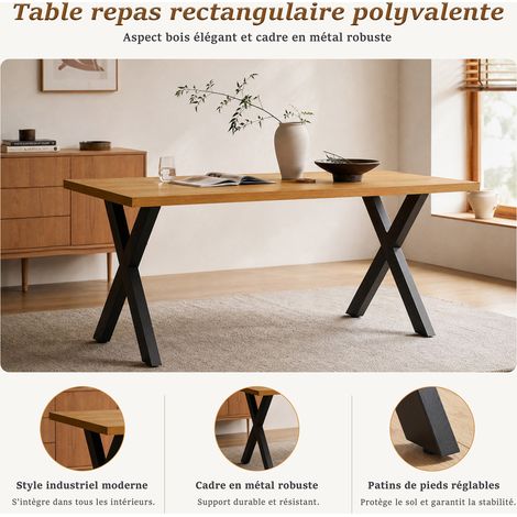 GOEURVANT Table à manger 4-6 personnes, plateau monobloc Chêne sauvage, pieds en X métal noir, style industriel moderne (1/5)