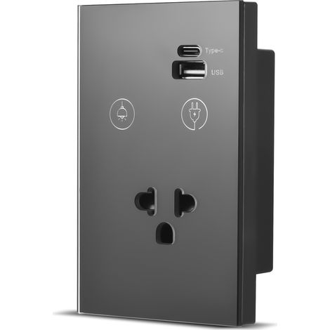 Interruptor de luz de pared táctil Wi-Fi de 2,4 GHz con puerto USB tipo C, requiere cable neutro, control unidireccional, panel de control de vidrio templado, programación mediante aplicación, control