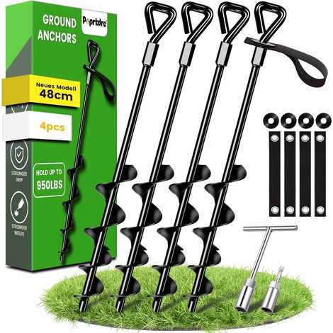 Piquets d'ancrage au Sol 48 cm, Lot de 4 Piquets d'ancrage améliorée à visser pour la fixation de tentes, trampolines, chiens, abris, etc., résistent au vent fort (1/5)