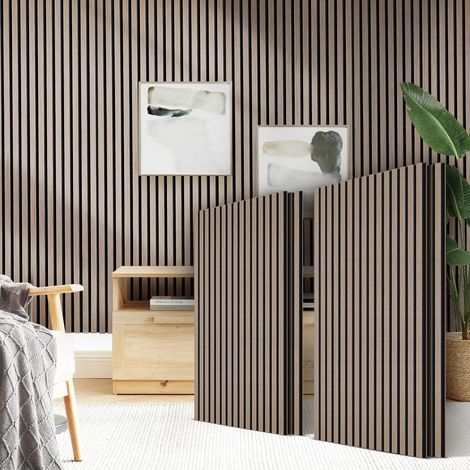 Panneaux acoustiques en placage bois 2,88 m² - 120 cm x 240 cm (Lot de 4 panneaux de 120 cm x 60 cm) Coloris : Noyer clair Revêtement mural Panneaux acoustiques Panneaux muraux 3D (1/5)