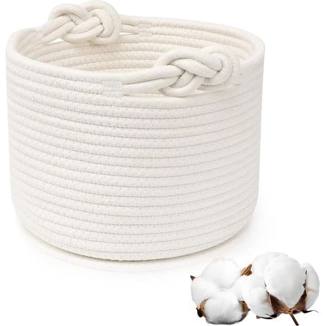 Cesto portabiancheria in cotone intrecciato, cesto in corda di cotone con manici, cesto impilabile per riporre vestiti, giocattoli, biancheria, per soggiorno e camera da letto (bianco) (1/5)