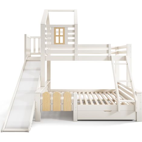 Lit superposé maison avec toboggan, échelle et tiroir 90x200/140x200 cm, blanc (1/5)