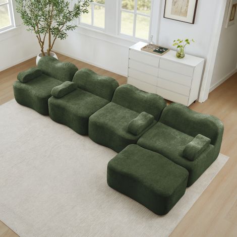 Canapé d'Angle Modulable 4 Places avec Pouf, Forme Coquillage, Canapé Sans Structure en Mousse Haute Densité 32D, Tissu Doux, Coussins d’Accoudoirs Mobiles, pour Salon et Appartement, Vert (1/5)