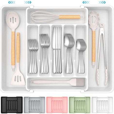 Extra großer, ausziehbarer Besteckkasten, Besteckaufbewahrungsbox, Besteckschubladen-Organizer, verstellbarer Besteckhalter, geeignet für Löffel, Gabeln und Messer, weiß (1/5)
