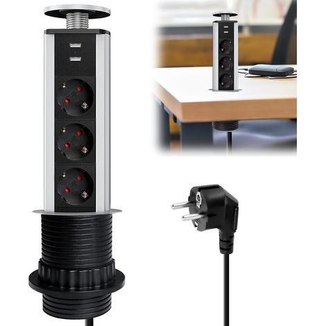 Multiprise rétractable 3 prises Schuko – 2 ports USB 5V – Longueur 34 cm – Installation facile sans outils – Pour meubles de bureau et cuisine (1/5)