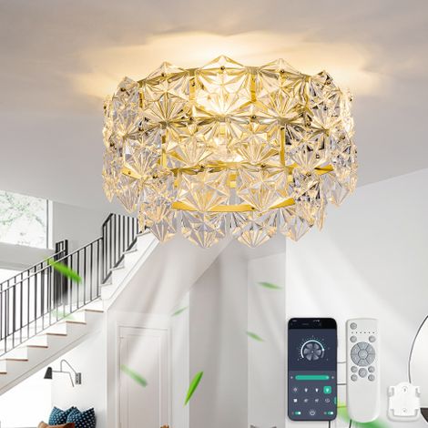 Ventilateur de plafond en cristal de 19 pouces, couleur or, pales en ABS, compatible avec une app et une télé, 6 vitesses de vent réglables, avec fonctions avant et arrière (1/5)