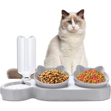 Comedero doble elevado para gatos, dispensador automático de comida y agua para gatos y perros, inclinación de 15°, protección para el cuello, antivómitos, para animales pequeños (gris) (1/5)