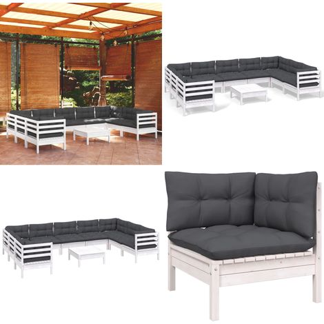 10-tlg. Garten-Lounge-Set mit Kissen Weiß Kiefernholz - Garten Lounge Set - Kiefernholz Möbel - Outdoor Furniture - Loungemöbel - Gartengeräte - Home & Living