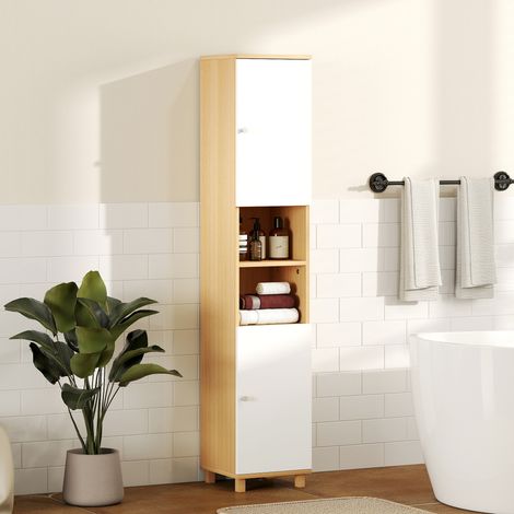 Columna de baño con 2 armarios y estantes abiertos, estantes internos ajustables, 30x30x166 cm, blanco y madera. (1/5)