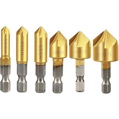 Countersink Drill Bit,  Countersink Drill Bit Set 6 Pcs 1/4'' Hex Shank HSS 5 Flute Countersink 90 Degree Center Punch Tool Sets For Wood Quick Change Bit 6mm-19mm (1/5)