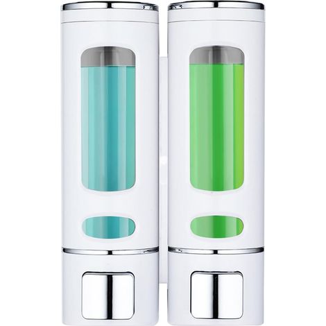 Distributeur de savon liquide mural, 2 x 400 ml, rechargeable, avec pompe de douche grande capacité et organiseur pour salle de bain, cuisine, hôtel, gel douche, shampoing. (1/4)