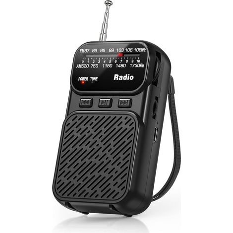 Radio portátil pequeña: compacta, ligera, fácil de usar, señal potente, iluminación de emergencia y doble fuente de alimentación (negra). (1/5)